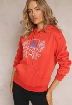 Pomarańczowa Modna Bluza z Nadrukiem i Kapturem Ozdobiona Nadrukiem Arinalu