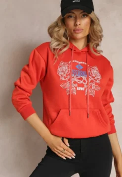 Pomarańczowa Modna Bluza z Nadrukiem i Kapturem Ozdobiona Nadrukiem Arinalu