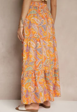 Pomarańczowa Spódnica Rozkloszowana High Waist z Motywem Paisley Nevolissa