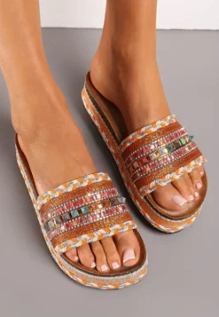 Pomarańczowe Klapki Boho na Platformie z Plecionką i Szerokim Paskiem z Koralikami Gitasta
