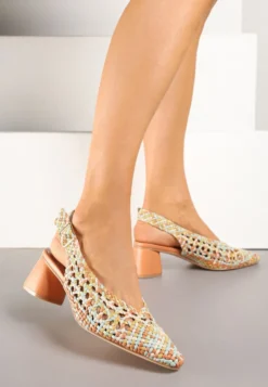 Pomarańczowe Sandały na Słupku Slingback Ozdobione Plecioną Cholewką Linaiana