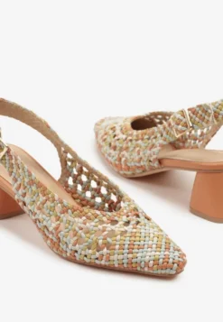 Pomarańczowe Sandały na Słupku Slingback Ozdobione Plecioną Cholewką Linaiana