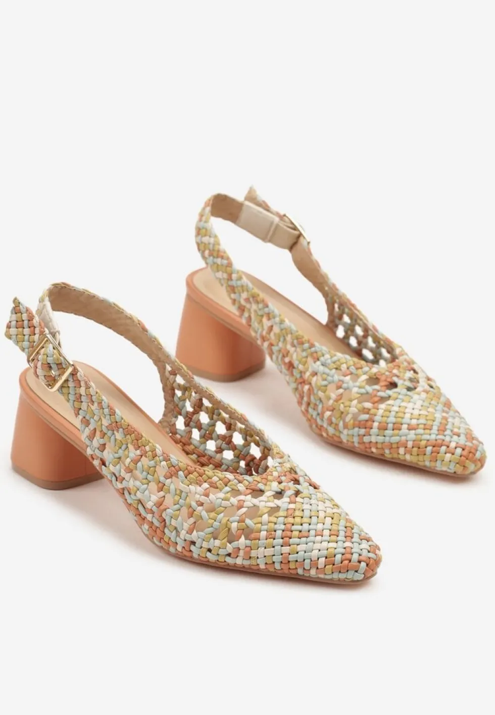 Pomarańczowe Sandały na Słupku Slingback Ozdobione Plecioną Cholewką Linaiana