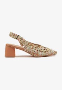 Pomarańczowe Sandały na Słupku Slingback Ozdobione Plecioną Cholewką Linaiana