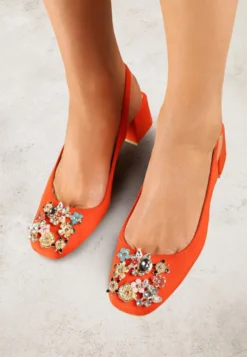 Pomarańczowe Sandały Vices na Słupku Slingback ze Skórzaną Wkładką i Cyrkoniami Nimirune