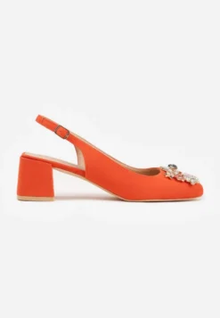 Pomarańczowe Sandały Vices na Słupku Slingback ze Skórzaną Wkładką i Cyrkoniami Nimirune