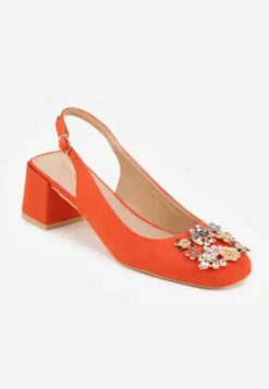 Pomarańczowe Sandały Vices na Słupku Slingback ze Skórzaną Wkładką i Cyrkoniami Nimirune