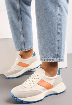 Pomarańczowe Sneakersy ze Skóry Naturalnej Ozdobione Wstawkami z Imitacji Zamszu Xanthipe