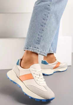 Pomarańczowe Sneakersy ze Skóry Naturalnej Ozdobione Wstawkami z Imitacji Zamszu Xanthipe