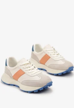 Pomarańczowe Sneakersy ze Skóry Naturalnej Ozdobione Wstawkami z Imitacji Zamszu Xanthipe