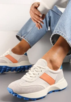 Pomarańczowe Sneakersy ze Skóry Naturalnej Ozdobione Wstawkami z Imitacji Zamszu Xanthipe