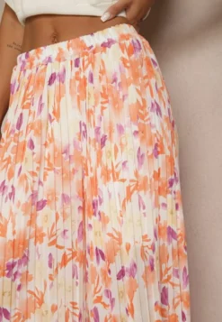 Pomarańczowe Spodnie High Waist Zdobione Plisami i Kwiatowym Printem Folamea