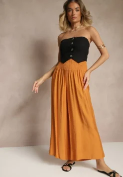 Pomarańczowe Spodnie z Wiskozą o Szerokim Kroju High Waist Orrana
