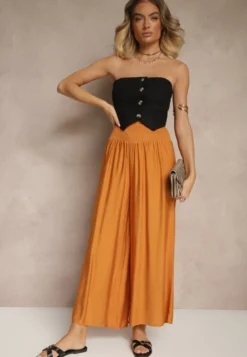 Pomarańczowe Spodnie z Wiskozą o Szerokim Kroju High Waist Orrana