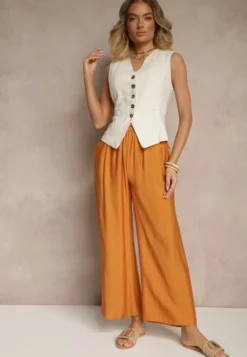 Pomarańczowe Spodnie z Wiskozy High Waist o Szerokim Kroju Divlise