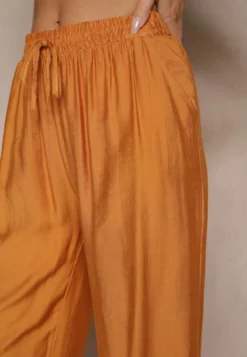 Pomarańczowe Spodnie z Wiskozy High Waist o Szerokim Kroju Divlise
