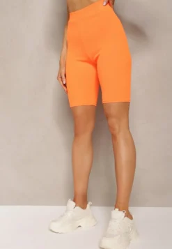 Pomarańczowe Sportowe Szorty Kolarki Prążkowane High Waist Steiama