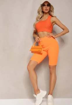 Pomarańczowe Sportowe Szorty Kolarki Prążkowane High Waist Steiama