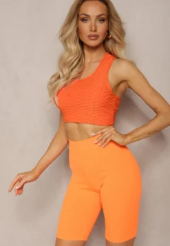 Pomarańczowe Sportowe Szorty Kolarki Prążkowane High Waist Steiama