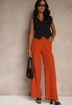 Pomarańczowe Szerokie Spodnie High Waist z Gumką w Pasie Eternel
