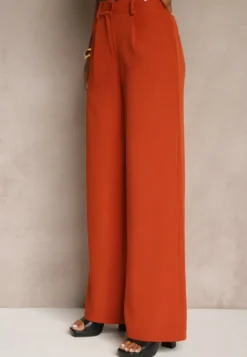 Pomarańczowe Szerokie Spodnie High Waist z Gumką w Pasie Eternel