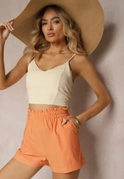 Pomarańczowe Szorty High Waist z Gumką w Pasie Kerpia