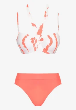 Pomarańczowo-Białe Bikini z Ozdobnym Biustonoszem i Plażową Narzutką w Komplecie Mayamarie