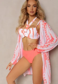 Pomarańczowo-Białe Bikini z Ozdobnym Biustonoszem i Plażową Narzutką w Komplecie Mayamarie