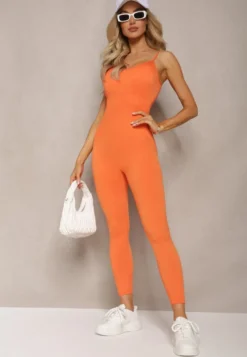 Pomarańczowy Dopasowany Kombinezon Sportowy Bodycon z Elastycznego Materiału na Cienkich Ramiączkach Winifasa
