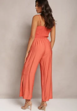 Pomarańczowy Długi Kombinezon z Szerokimi Nogawkami na Cienkich Ramiączkach Jemanne