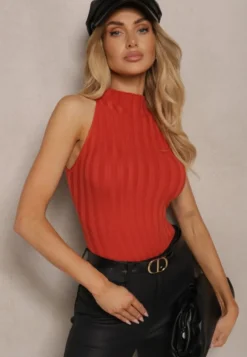 Pomarańczowy Top z Golfem i Wiskozą z Prążkowanego Materiału Lilithea