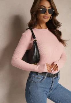 Różowa Bluzka Longsleeve w Cienkie Prążki Terilissa