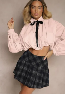 Różowa Bufiasta Koszula z Bawełny w Stylu Retro z Ozdobną Kokardą Frulla