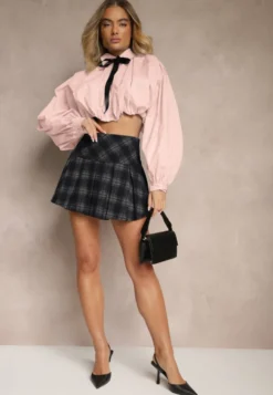 Różowa Bufiasta Koszula z Bawełny w Stylu Retro z Ozdobną Kokardą Frulla