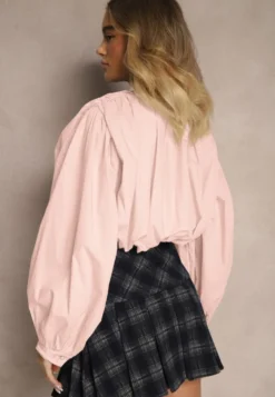 Różowa Bufiasta Koszula z Bawełny w Stylu Retro z Ozdobną Kokardą Frulla