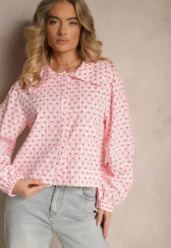 Różowa Koszula Retro z Bawełny i Wiskozy Ozdobiona Wzorem w Serca Tilzema