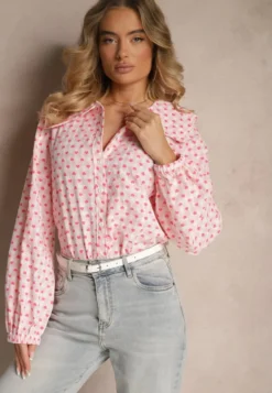 Różowa Koszula Retro z Bawełny i Wiskozy Ozdobiona Wzorem w Serca Tilzema