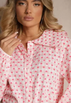 Różowa Koszula Retro z Bawełny i Wiskozy Ozdobiona Wzorem w Serca Tilzema