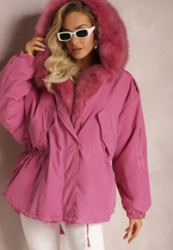 Różowa Kurtka Parka Oversize z Futerkiem Horelle