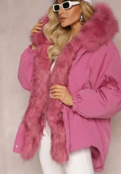 Różowa Kurtka Parka Oversize z Futerkiem Horelle