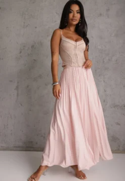 Różowa Spódnica High Waist Zdobiona Drobnym Plisowaniem Aniope