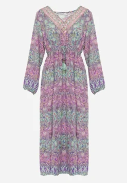Różowa Sukienka z Dekoltem w V o Rozkloszowanym Fasonie w Print Paisley Akka