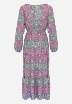 Różowa Sukienka z Dekoltem w V o Rozkloszowanym Fasonie w Print Paisley Akka