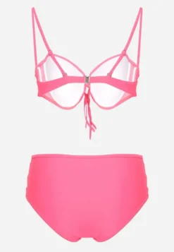 Różowe Bikini Biustonosz i Majtki Figi High Waist z Siateczkowymi Zdobieniami Kinovia