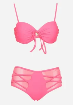 Różowe Bikini Biustonosz i Majtki Figi High Waist z Siateczkowymi Zdobieniami Kinovia