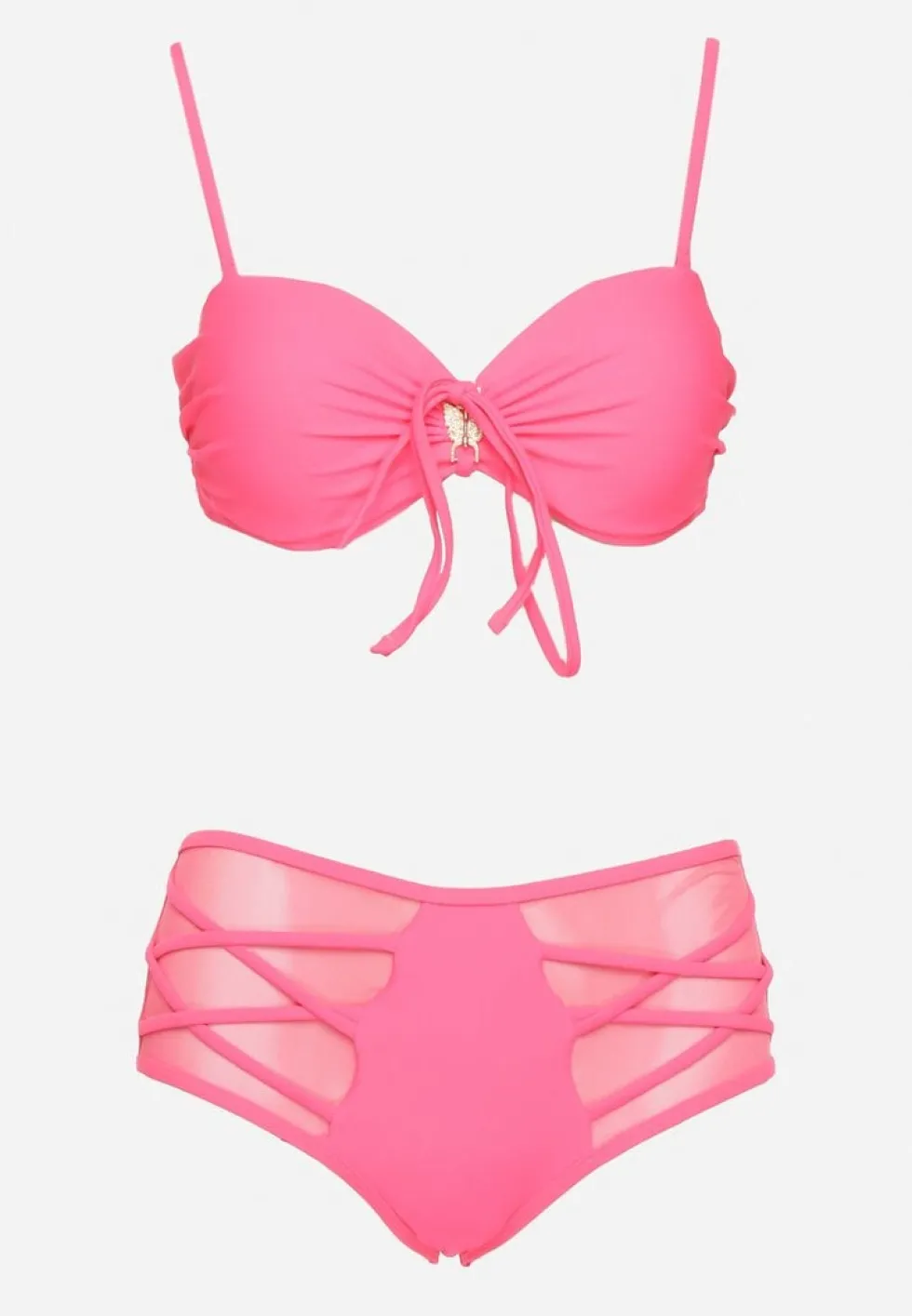 Różowe Bikini Biustonosz i Majtki Figi High Waist z Siateczkowymi Zdobieniami Kinovia