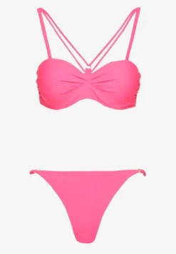 Różowe Bikini Majtki Typu Figi i Biustonosz z Ozdobnymi Paskami Fadelinna