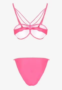Różowe Bikini Majtki Typu Figi i Biustonosz z Ozdobnymi Paskami Fadelinna