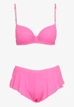 Różowe Bikini Usztywniany Biustonosz z Cyrkoniami i Spodenki Kąpielowe Wykończone Gumką w Pasie Rilamia