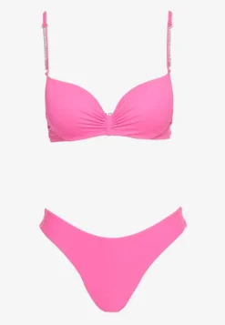 Różowe Bikini Usztywniany Biustonosz z Cyrkoniami i Spodenki Kąpielowe Wykończone Gumką w Pasie Rilamia